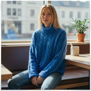 NWT Chunky Cowl-Neck Cable-Knit Sweater Blue